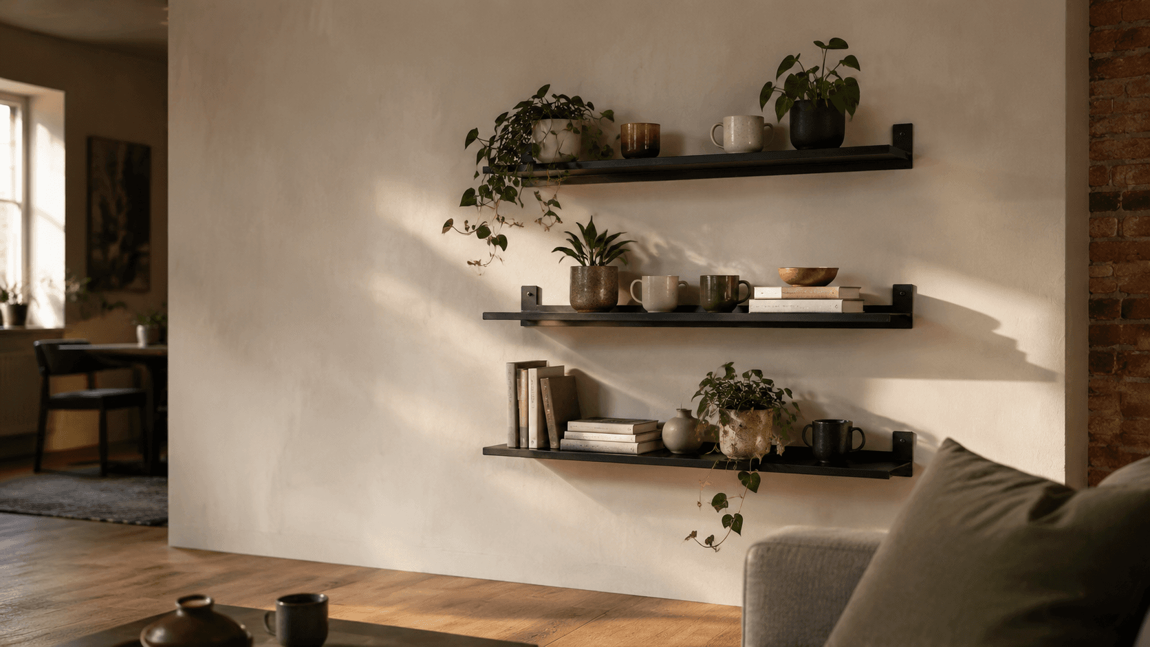 Blackened steel floating shelves with plants on a warm plaster wall in a rental living room