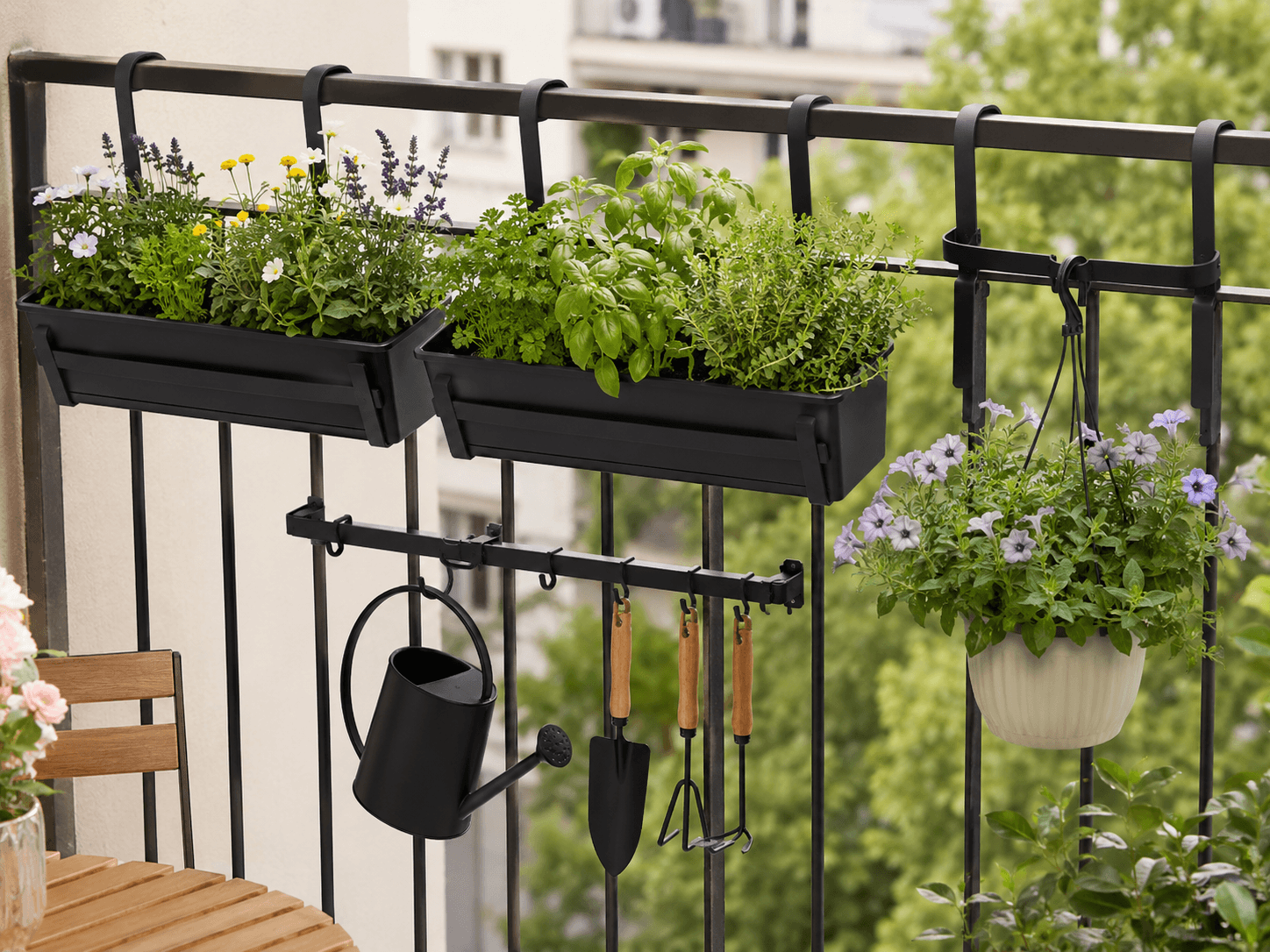 Balcony Garden Set — Borrow space from the railing on a small balcony.