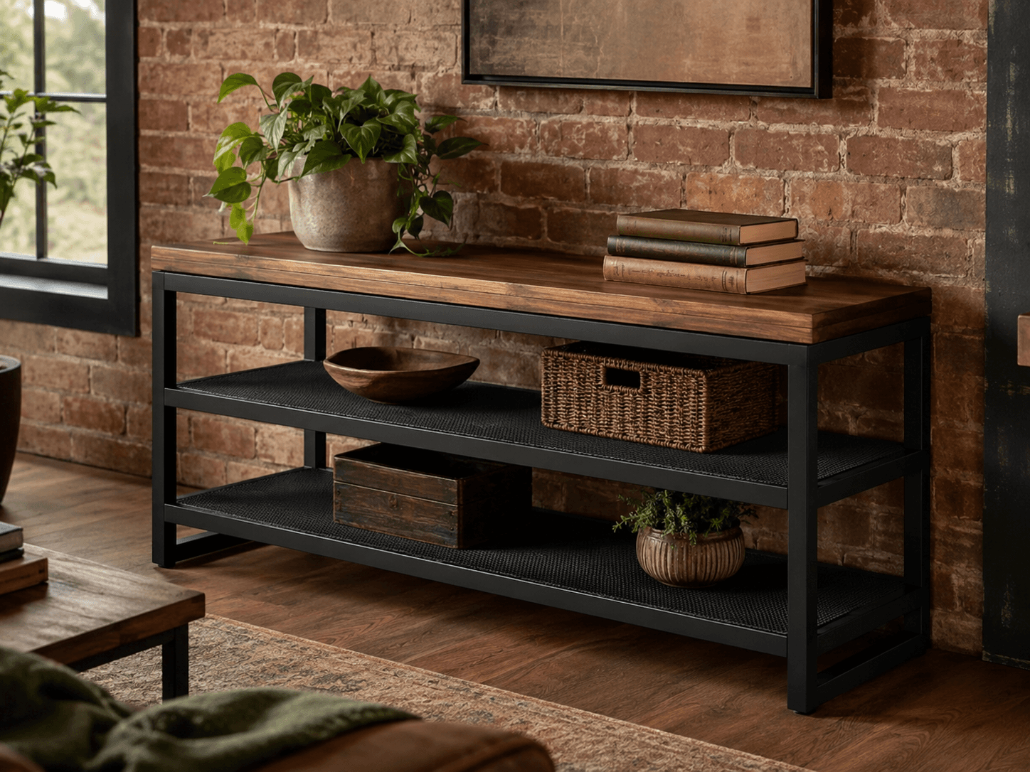 Console & Media Frame — The warm-industrial statement piece for the living room.