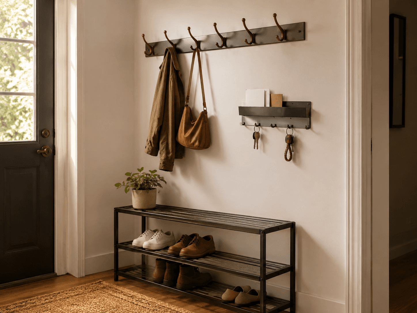 Entryway Command Set — One tidy motion-line for a narrow hallway: hang, sit, drop keys.