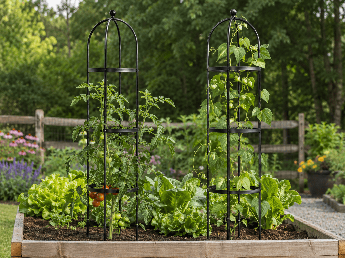 Garden Obelisk Pair — Support for climbing tomatoes, roses and beans in the bed.