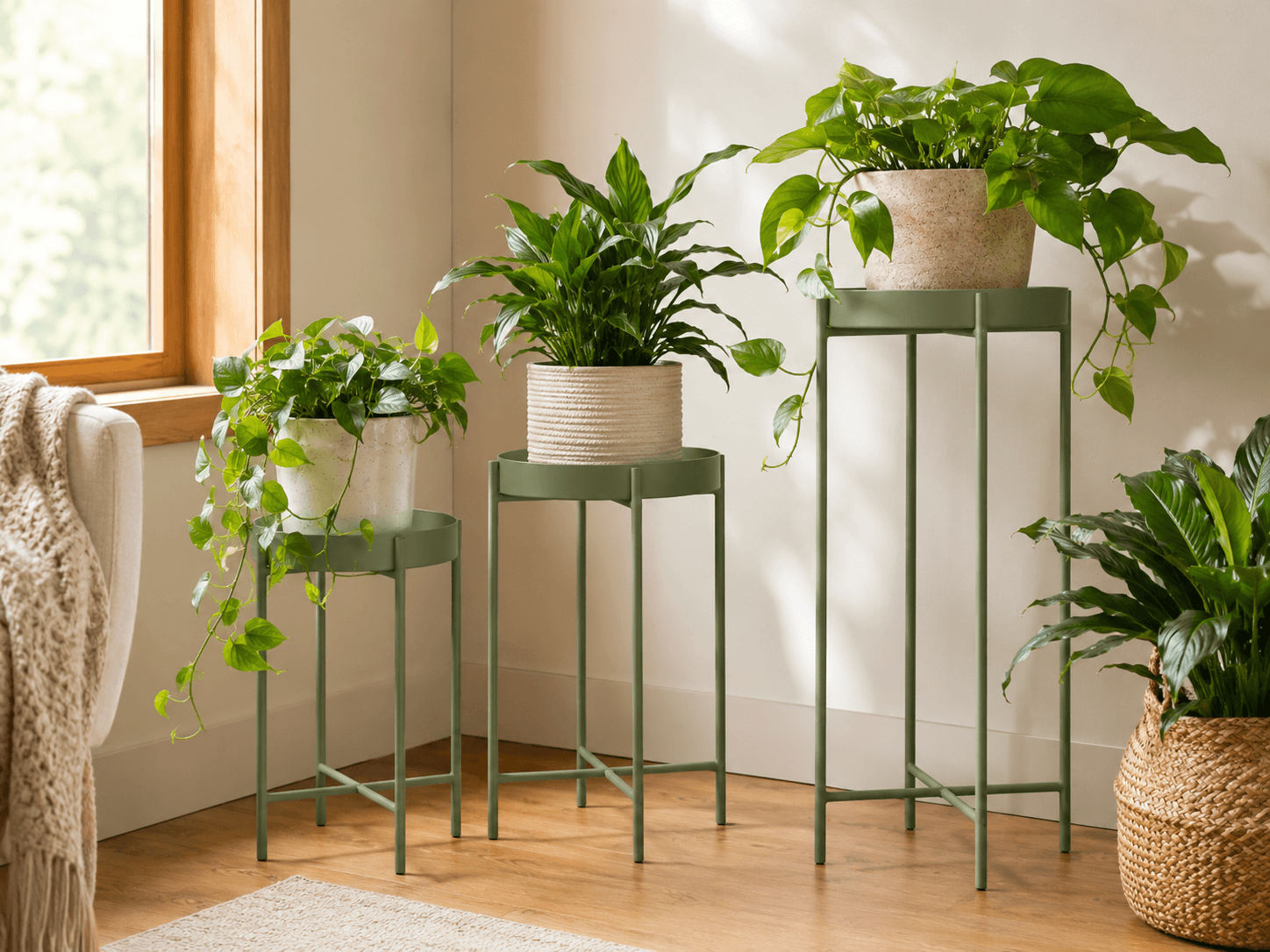 Greenhaus Plant Trio — An indoor plant corner with layered, staggered heights.