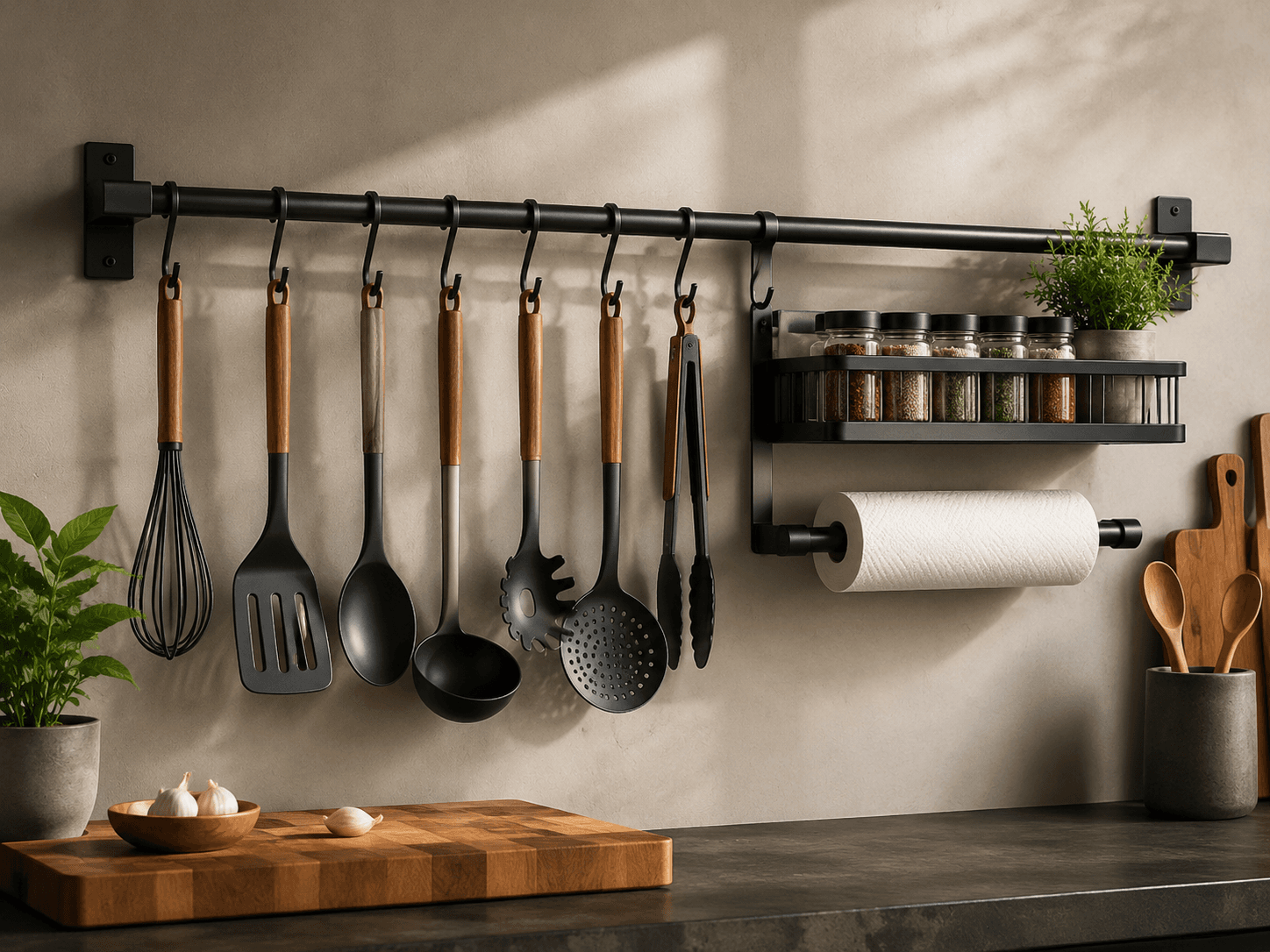 Kitchen Rail System — Wall storage without a kitchen remodel — includes a no-drill adhesive option.