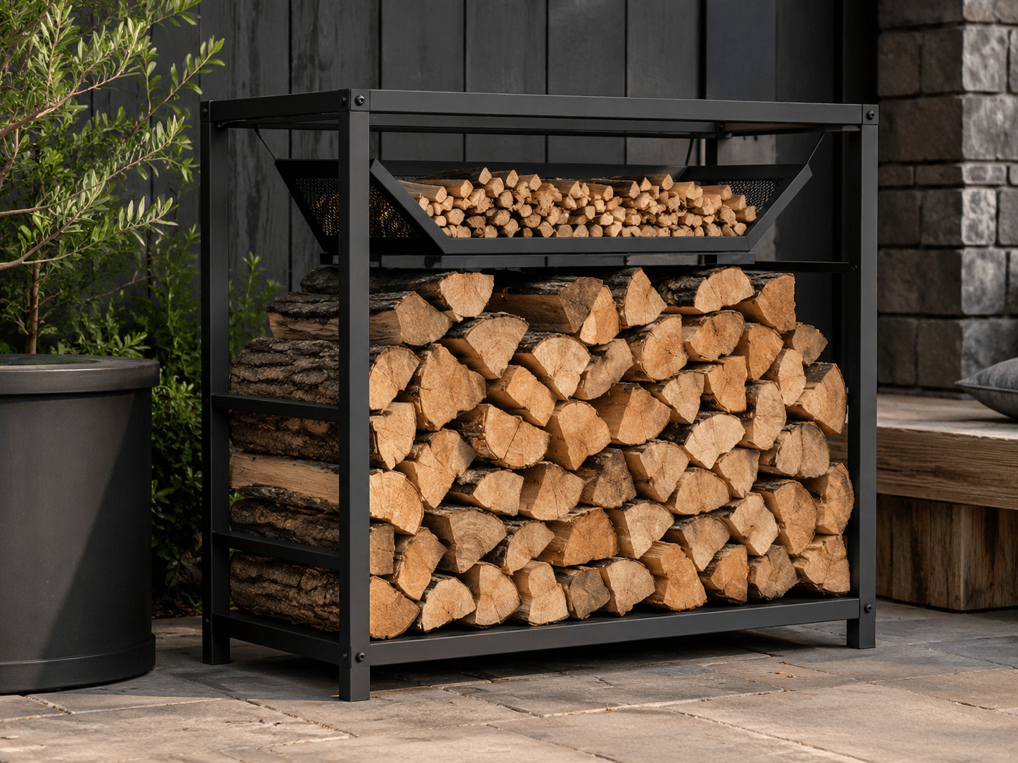 Log & Kindling Store — Dry, tidy storage for logs. Storage only — no ignition or burning function.