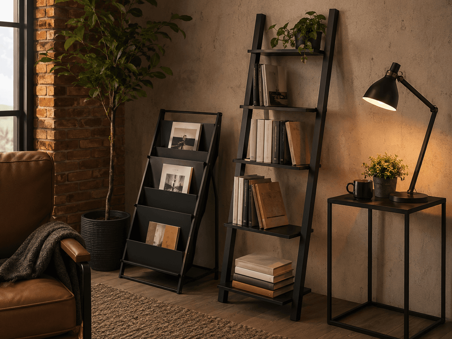 Reading Nook Set — Vertical storage for a narrow reading corner.