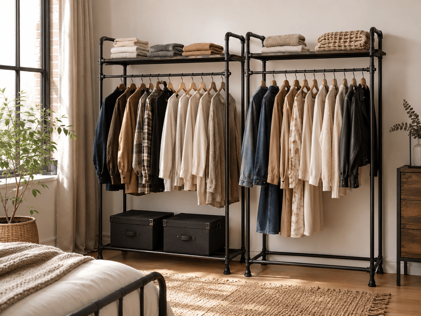 Wardrobe Rail Duo — Open, boutique-style clothing display for the bedroom.