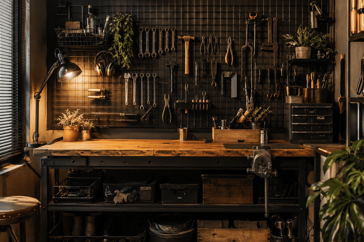 Warm industrial home workshop with a steel tool wall and utility grid