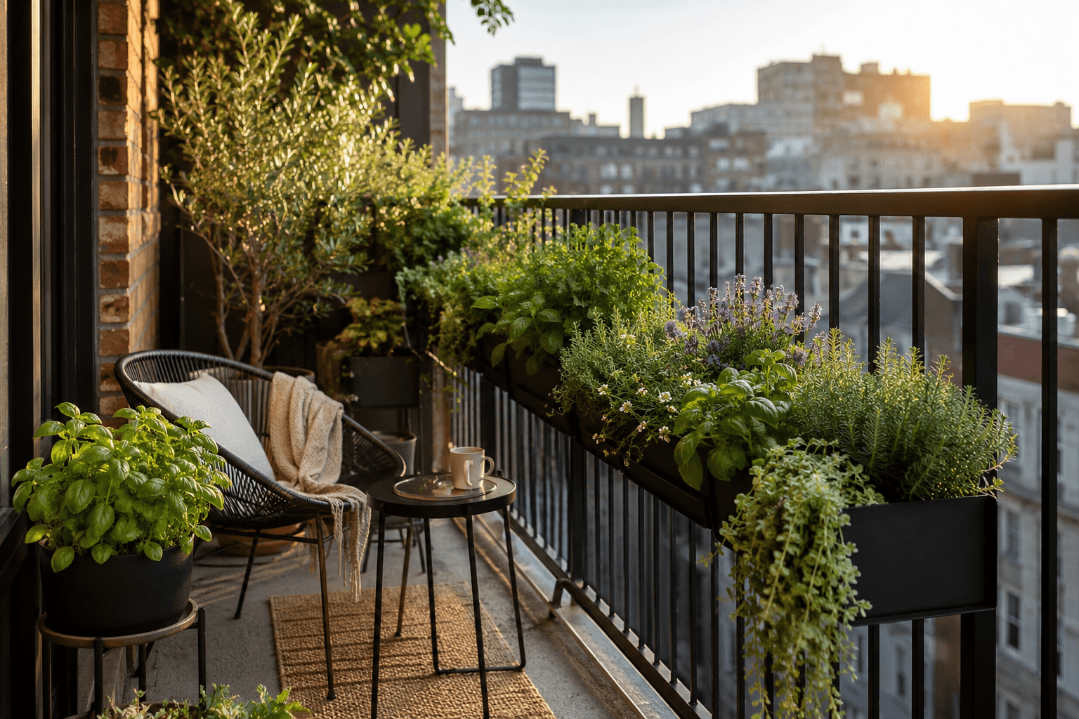 Steel railing planters full of herbs on a small city balcony